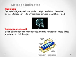Métodos indirectos
Radiología
Generar imágenes del interior del cuerpo mediante diferentes
agentes físicos (rayos X, ultrasonidos campos magnéticos, etc.).

Absorción de rayos X
Es un examen de la densidad ósea. Mide la cantidad de masa grasa
y magra y su distribución.

 