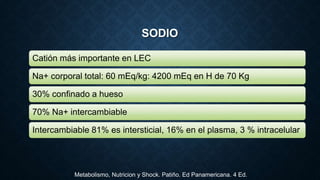 SODIO
Catión más importante en LEC
Na+ corporal total: 60 mEq/kg: 4200 mEq en H de 70 Kg
30% confinado a hueso
70% Na+ intercambiable
Intercambiable 81% es intersticial, 16% en el plasma, 3 % intracelular
Metabolismo, Nutricion y Shock. Patiño. Ed Panamericana. 4 Ed.
 