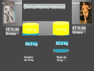 15 % de
Grasa
Dimorfismo sexua
59,5 kg
27 % de
Grasa
52,5 kg
Mujer de
70 kg
Hombre
de 70 kg
 