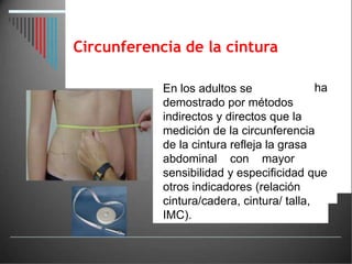 Circunferencia de la cintura
ha
En los adultos se
demostrado por métodos
indirectos y directos que la
medición de la circunferencia
de la cintura refleja la grasa
abdominal con mayor
sensibilidad y especificidad que
otros indicadores (relación
cintura/cadera, cintura/ talla,
IMC).
 