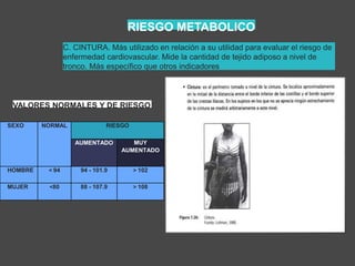 RIESGO METABOLICO
C. CINTURA. Más utilizado en relación a su utilidad para evaluar el riesgo de
enfermedad cardiovascular. Mide la cantidad de tejido adiposo a nivel de
tronco. Más específico que otros indicadores
VALORES NORMALES Y DE RIESGO
SEXO NORMAL RIESGO
AUMENTADO MUY
AUMENTADO
HOMBRE < 94 94 - 101.9 > 102
MUJER <80 88 - 107.9 > 108
 