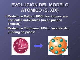 EVOLUCIÓN DEL MODELO ATÓMICO (S. XIX) Modelo de Dalton (1808): los átomos son partículas indivisibles (no se pueden destruir) Modelo de Thomsom (1897): “modelo del pudding de pasas” 