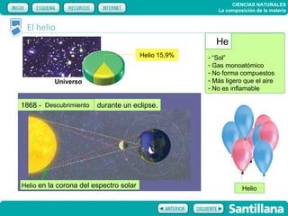 CIENCIAS NATURALES
                                                         La composición de la materia


 El helio
                                                        He
                                        Helio 15,9%   - “Sol”
                                                      - Gas monoatómico
                                                      - No forma compuestos
          Universo                                    - Más ligero que el aire
                                                      - No es inflamable

1868 -- Descubrimiento
 1860                    durante un eclipse.




Helio en la corona del espectro solar                             Helio
 