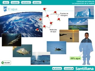 CIENCIAS NATURALES
                                        La composición de la materia


    El agua
                          Puentes de
                          hidrógeno




              Moléculas
               de agua




                                       68% agua
VOLVER
 