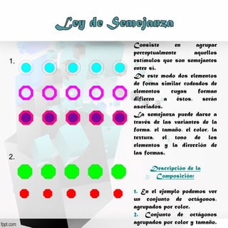 Consiste      en      agrupar
     perceptualmente      aquellos
1.   estímulos que son semejantes
     entre sí.
     De este modo dos elementos
     de forma similar rodeados de
     elementos    cuyas     forman
     difieren a éstos, serán
     asociados.
     La semejanza puede darse a
     través de las variantes de la
     forma, el tamaño, el color, la
     textura, el tono de los
     elementos y la dirección de
     las formas.
2.
          Descripción de la
           Composición:

     1. En el ejemplo podemos ver
     un conjunto de octágonos,
     agrupados por color.
     2. Conjunto de octágonos
     agrupados por color y tamaño.
 