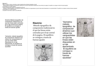 Ejercicio 11
·Elija un formato vertical u horizontal y copie el siguiente texto utilizando tipografía con serif:
 “Simetría Método tipográfico de composición tradicional en el que las líneas están centradas por el eje central de la pagina. El equilibrio se consigue a través de fuerzas iguales”.
·Compóngalo en un estilo simétrico
·Copie el siguiente texto usando una tipografía de palo seco
: “Asimetría: método tipográfico de composición dinámico que utilizan los vanguardistas en que las líneas están dispuestas en un eje descentrado. El equilibrio se consigue a través de fuerzas opuestas”
·Compóngalo en un estilo asimétrico
·Compare los dos textos y fíjese en las diferencias




      Simetría Método tipográfico de
      composición tradicional en el
                                                                                                                                                                 “Asimetría:
      que las líneas están centradas                                             Simetría:
      por el eje central de la pagina.                                                                                                                           método
      El equilibrio se consigue a                                                 Método tipográfico de                                                          tipográfico de
      través de fuerzas iguales                                                  composición tradicional en                                                      composición
                                                                                 el que las líneas están                                                         dinámico que
                                                                                 centradas por el eje central                                                    utilizan los
      “Asimetría: método tipográfico
                                                                                 de la pagina. El equilibrio                                                     vanguardistas
      de composición dinámico que                                                se consigue a través de                                                         en que las
      utilizan los vanguardistas en
      que las líneas están
                                                                                 fuerzas iguales                                                                 líneas están
      dispuestas en un eje                                                                                                                                       dispuestas en
      descentrado. El equilibrio se
      consigue a través de fuerzas                                                                                                                               un eje
      opuestas”                                                                                                                                                  descentrado.
                                                                                                                                                                  El equilibrio se
                                                                                                                                                                 consigue a
                                                                                                                                                                 través de
                                                                                                                                                                 fuerzas
                                                                                                                                                                 opuestas”
 