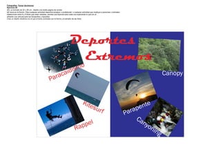 Fotografías Tomar decisiones
Ejercicio 20
·En un formato de 22 x 28 cm., diseñe una doble pagina de revista
·El tema es la Acción. Elija cualquier actividad deportiva amateur o profesional, o cualquier actividad que implique a personas u animales
·Seleccione entre 6 y 8 fotos que sean variadas, escriba una leyenda para cada una explicando lo que se ve
·Diseñe una retícula para las fotografías y leyendas
Cree un diseño dinámico en el que el tema contraste con la forma y el tamaño de las fotos




                                                                             Deportes
                                                                              Extremos
                                                                            dis mo
                                                            ra cai                                                                                              Canopy
                                                    Pa


                                                                                            Kite                                                    nte
                                                                                                        sur                                      pe
                                                                                                                  f                          Para
                                                                                                                                                    Ca
                                                                                            pp el                                                     ny
                                                                                                                                                        on
                                                                                   Ra                                                                     ing
 