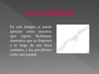 Ley de Continuidad:
En esta imagen se puede
apreciar como nuestros
ojos siguen fácilmente
elementos que se disponen
a lo largo de una línea
continua, y los percibimos
como una unidad.
 