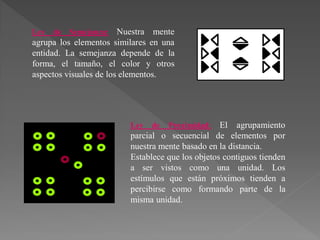 Ley de Semejanza: Nuestra mente
agrupa los elementos similares en una
entidad. La semejanza depende de la
forma, el tamaño, el color y otros
aspectos visuales de los elementos.
Ley de Proximidad: El agrupamiento
parcial o secuencial de elementos por
nuestra mente basado en la distancia.
Establece que los objetos contiguos tienden
a ser vistos como una unidad. Los
estímulos que están próximos tienden a
percibirse como formando parte de la
misma unidad.
 