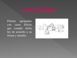 Ley de Semejanza:
Pelotas agrupadas
con caras felices
que cumple dicha
ley de acuerdo a su
forma y tamaño.
 