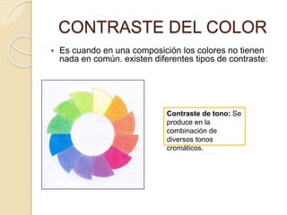 CONTRASTE DEL COLOR
 Es cuando en una composición los colores no tienen
nada en común. existen diferentes tipos de contra...