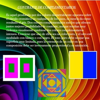 CONTRASTE DE COMPLEMENTARIOS.

Es aquel producido por dos colores diametralmente opuestos sobre
el círculo cromático; en cualquiera de los casos, su mezcla da como
resultado el gris. Dos colores complementarios son los que ofrecen
juntos mejores posibilidades de contraste, aunque resultan muy
violentos visualmente combinar dos colores complementarios
intensos. Conviene que uno de ellos sea un color puro, y el otro esté
modulado con blanco o con negro. El tono puro debe ocupar una
superficie muy limitada, pues la extensión de un color en una
composición debe ser inversamente proporcional a su saturación.
 