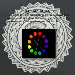 DOBLES COMPLEMENTARIOS
 Dos parejas de colores complementarios entre sí. El resultado es muy
variado pero es un esquema difícil de armonizar. Se escoge un color
como dominante, al que los demás quedarán subordinados.
 