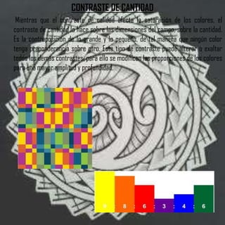 CONTRASTE DE CANTIDAD
 Mientras que el contraste de calidad afecta la saturación de los colores, el
contraste de cantidad lo hace sobre las dimensiones del campo, sobre la cantidad.
Es la contraposición de lo grande y lo pequeño, de tal manera que ningún color
tenga preponderancia sobre otro. Este tipo de contraste puede alterar o exaltar
todos los demás contrastes, para ello se modifican las proporciones de los colores
para una mayor amplitud y profundidad.
 