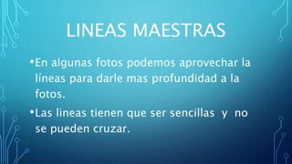 LINEAS MAESTRAS
•En algunas fotos podemos aprovechar la
líneas para darle mas profundidad a la
fotos.
•Las lineas tienen que ser sencillas y no
se pueden cruzar.
 