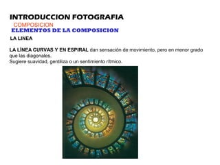 INTRODUCCION FOTOGRAFIA
COMPOSICION
ELEMENTOS DE LA COMPOSICION
LA LINEA
LA LÍNEA CURVAS Y EN ESPIRAL dan sensación de movimiento, pero en menor grado
que las diagonales.
Sugiere suavidad, gentiliza o un sentimiento rítmico.
 