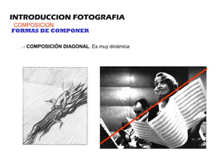 INTRODUCCION FOTOGRAFIA
COMPOSICION
FORMAS DE COMPONER
. - COMPOSICIÓN DIAGONAL. Es muy dinámica
 