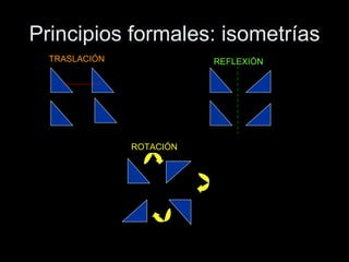 Principios formales: isometrías
  TRASLACIÓN              REFLEXIÓN




               ROTACIÓN
 