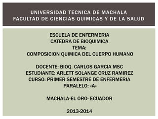 UNIVERSIDAD TECNICA DE MACHALA
FACULTAD DE CIENCIAS QUIMICAS Y DE LA SALUD
ESCUELA DE ENFERMERIA
CATEDRA DE BIOQUIMICA
TEMA:
COMPOSICION QUIMICA DEL CUERPO HUMANO
DOCENTE: BIOQ. CARLOS GARCIA MSC
ESTUDIANTE: ARLETT SOLANGE CRUZ RAMIREZ
CURSO: PRIMER SEMESTRE DE ENFERMERIA
PARALELO: «A»
MACHALA-EL ORO- ECUADOR

2013-2014

 