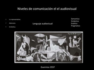 Niveles de comunicación el el audiovisual
• Lo representativo.
• Abstracto.
• Simbólica.
Semantico
Sintáctico
Estético
Pragmatico
Lenguaje audiovisual
Guernica 1937
 