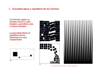 1. Gravedad (peso y equilibrio de las formas)
Las formas según su
tamaño, forma y color
tienden a percibirse más
o menos pesadas.
La gravedad afecta el
equilibrio de los
elementos en una
composición.
Los elementos parecen estar cayendo
 
