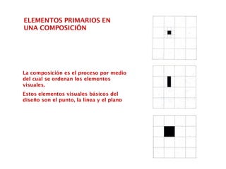 La composición es el proceso por medio
del cual se ordenan los elementos
visuales.
Estos elementos visuales básicos del
diseño son el punto, la línea y el plano
ELEMENTOS PRIMARIOS EN
UNA COMPOSICIÓN
 