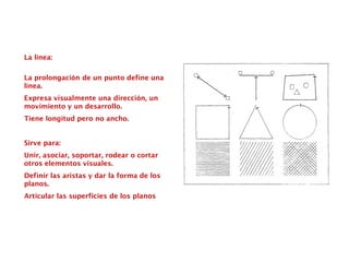 La línea:
La prolongación de un punto define una
línea.
Expresa visualmente una dirección, un
movimiento y un desarrollo.
Tiene longitud pero no ancho.
Sirve para:
Unir, asociar, soportar, rodear o cortar
otros elementos visuales.
Definir las aristas y dar la forma de los
planos.
Articular las superficies de los planos
 