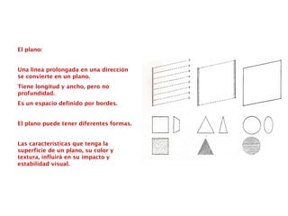 El plano:
Una línea prolongada en una dirección
se convierte en un plano.
Tiene longitud y ancho, pero no
profundidad.
Es un espacio definido por bordes.
El plano puede tener diferentes formas.
Las características que tenga la
superficie de un plano, su color y
textura, influirá en su impacto y
estabilidad visual.
 