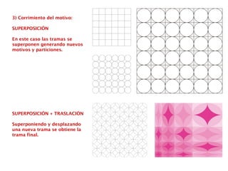 3) Corrimiento del motivo:
SUPERPOSICIÓN
En este caso las tramas se
superponen generando nuevos
motivos y particiones.
SUPERPOSICIÓN + TRASLACIÓN
Superponiendo y desplazando
una nueva trama se obtiene la
trama final.
 