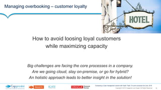 32Copyright © 2015 Capgemini and Sogeti. All Rights Reserved
Composing a Case management solution with SaaS, PaaS, On-prem products| 2nd June, 2016
Managing overbooking – customer loyalty
Big challenges are facing the core processes in a company.
Are we going cloud, stay on-premise, or go for hybrid?
An holistic approach leads to better insight in the solution!
How to avoid loosing loyal customers
while maximizing capacity
 