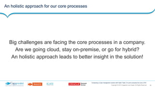 48Copyright © 2015 Capgemini and Sogeti. All Rights Reserved
Composing a Case management solution with SaaS, PaaS, On-prem products| 2nd June, 2016
An holistic approach for our core processes
Big challenges are facing the core processes in a company.
Are we going cloud, stay on-premise, or go for hybrid?
An holistic approach leads to better insight in the solution!
 
