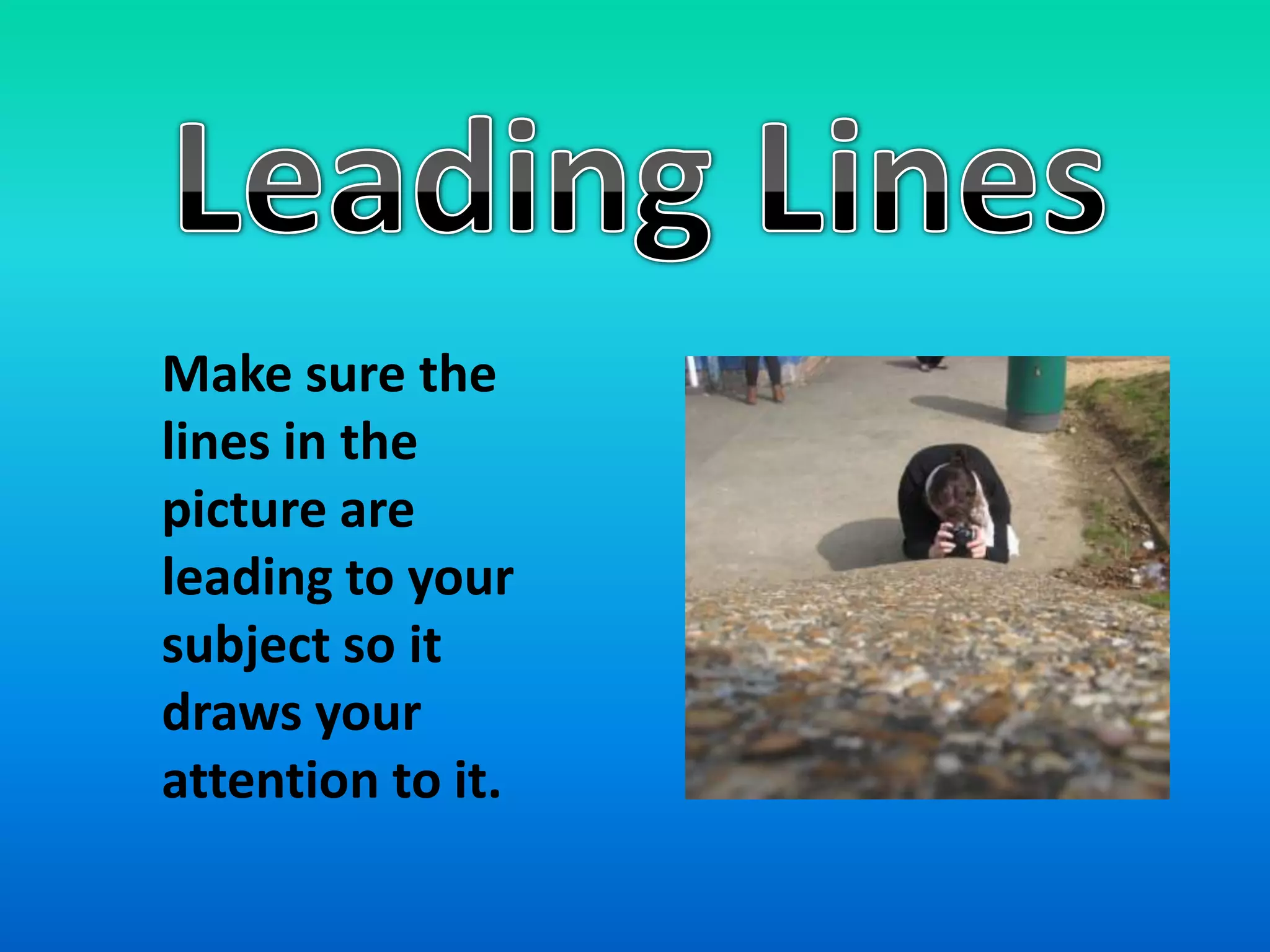 Leading LinesMake sure the lines in the picture are leading to your subject so it draws your attention to it.
