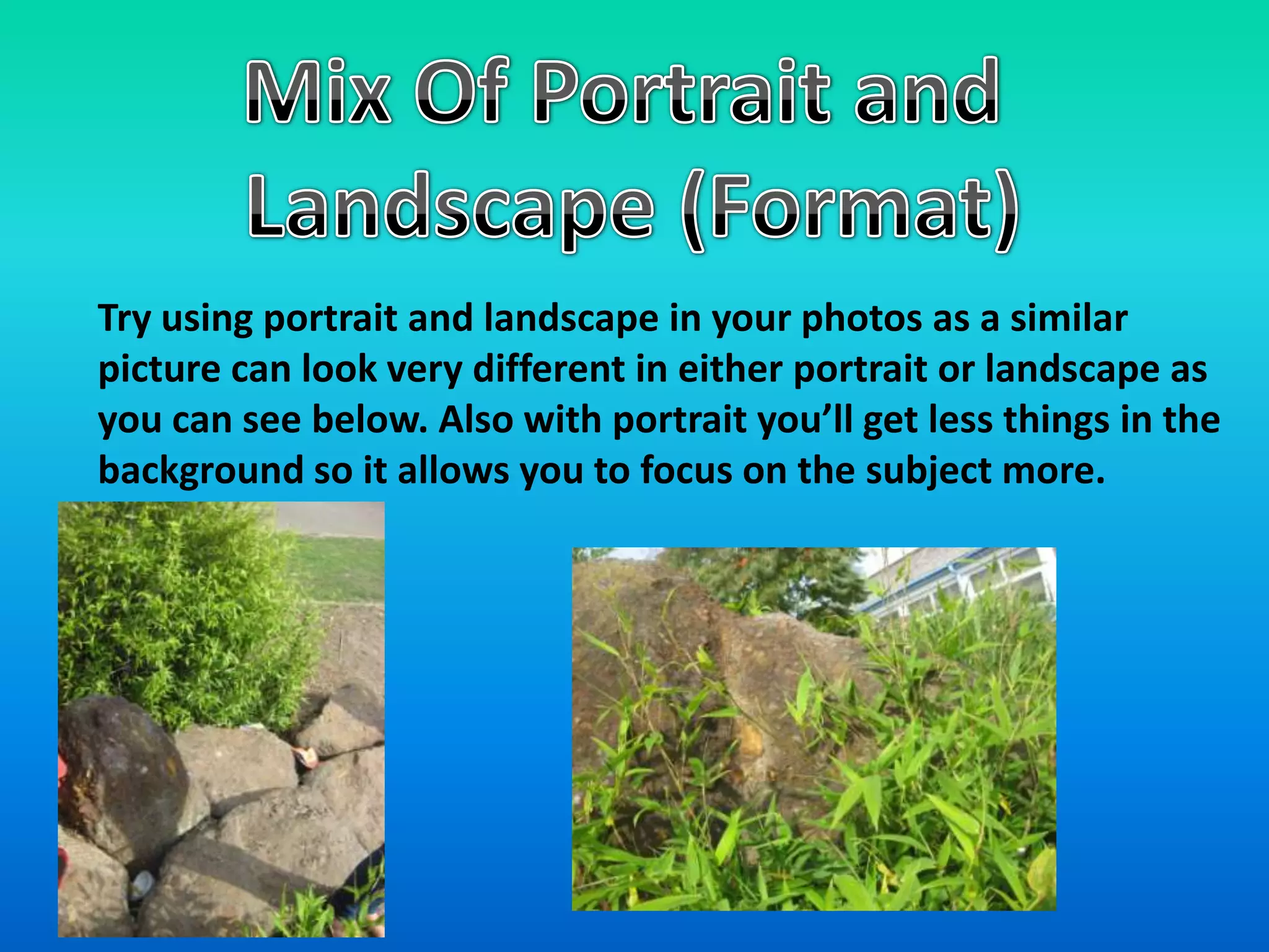 Mix Of Portrait and Landscape (Format)Try using portrait and landscape in your photos as a similar picture can look very different in either portrait or landscape as you can see below. Also with portrait you’ll get less things in the background so it allows you to focus on the subject more.