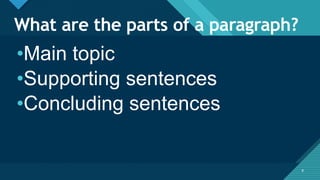 Click to edit Master title style
8
What are the parts of a paragraph?
8
•Main topic
•Supporting sentences
•Concluding sentences
 