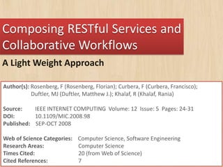 Composing RESTful Services and
Collaborative Workflows
A Light Weight Approach
Author(s): Rosenberg, F (Rosenberg, Florian); Curbera, F (Curbera, Francisco);
Duftler, MJ (Duftler, Matthew J.); Khalaf, R (Khalaf, Rania)
Source: IEEE INTERNET COMPUTING Volume: 12 Issue: 5 Pages: 24-31
DOI: 10.1109/MIC.2008.98
Published: SEP-OCT 2008
Web of Science Categories: Computer Science, Software Engineering
Research Areas: Computer Science
Times Cited: 20 (from Web of Science)
Cited References: 7
 