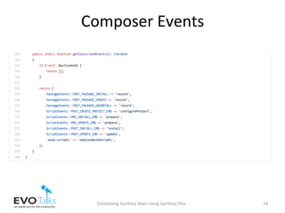 Composer	Events	
Composing	Symfony	Apps	Using	Symfony	Flex	 14	
 