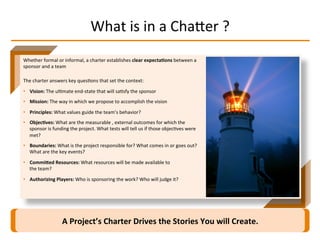 What	
  is	
  in	
  a	
  ChaMer	
  ?	
  
A	
  Project’s	
  Charter	
  Drives	
  the	
  Stories	
  You	
  will	
  Create.	
  
Whether	
  formal	
  or	
  informal,	
  a	
  charter	
  establishes	
  clear	
  expecta2ons	
  between	
  a	
  
sponsor	
  and	
  a	
  team	
  
The	
  charter	
  answers	
  key	
  quesIons	
  that	
  set	
  the	
  context:	
  
•  Vision:	
  The	
  ulImate	
  end-­‐state	
  that	
  will	
  saIsfy	
  the	
  sponsor	
  
•  Mission:	
  The	
  way	
  in	
  which	
  we	
  propose	
  to	
  accomplish	
  the	
  vision	
  
•  Principles:	
  What	
  values	
  guide	
  the	
  team’s	
  behavior?	
  
•  Objec2ves:	
  What	
  are	
  the	
  measurable	
  ,	
  external	
  outcomes	
  for	
  which	
  the	
  
sponsor	
  is	
  funding	
  the	
  project.	
  What	
  tests	
  will	
  tell	
  us	
  if	
  those	
  objecIves	
  were	
  
met?	
  
•  Boundaries:	
  What	
  is	
  the	
  project	
  responsible	
  for?	
  What	
  comes	
  in	
  or	
  goes	
  out?	
  
What	
  are	
  the	
  key	
  events?	
  
•  CommiLed	
  Resources:	
  What	
  resources	
  will	
  be	
  made	
  available	
  to	
  
the	
  team?	
  
•  Authorizing	
  Players:	
  Who	
  is	
  sponsoring	
  the	
  work?	
  Who	
  will	
  judge	
  it?	
  
 