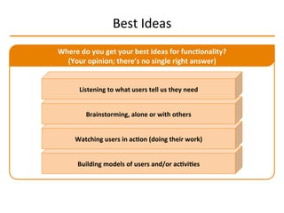 Best	
  Ideas	
  
Where	
  do	
  you	
  get	
  your	
  best	
  ideas	
  for	
  func2onality?	
  
(Your	
  opinion;	
  there’s	
  no	
  single	
  right	
  answer)	
  
Building	
  models	
  of	
  users	
  and/or	
  ac2vi2es	
  
Watching	
  users	
  in	
  ac2on	
  (doing	
  their	
  work)	
  
Brainstorming,	
  alone	
  or	
  with	
  others	
  
Listening	
  to	
  what	
  users	
  tell	
  us	
  they	
  need	
  
 