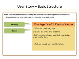 A	
  user	
  story	
  describes	
  a	
  s2mulus;	
  the	
  system	
  produces	
  results	
  in	
  response	
  to	
  that	
  s2mulus	
  
•  All	
  stories	
  have	
  the	
  same	
  basic	
  structure:	
  Heading	
  (Itle)	
  and	
  details	
  
User	
  Story	
  –	
  Basic	
  Structure	
  
Heading	
  
Details	
  
User Logs in with Expired License
Take user to home page
Disable all links and buttons
Add prominent renewal link that takes
user to the Store
– Ask for exact text and location
 
