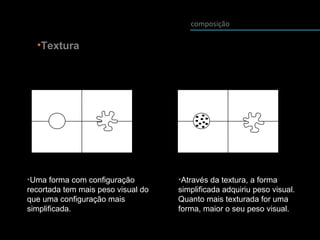 composição
•Textura
•Uma forma com configuração
recortada tem mais peso visual do
que uma configuração mais
simplificada.
•Através da textura, a forma
simplificada adquiriu peso visual.
Quanto mais texturada for uma
forma, maior o seu peso visual.
 
