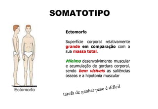 Ectomorfo
Superfície corporal relativamente
grande em comparação com a
sua massa total.
Mínimo desenvolvimento muscular
e acumulação de gordura corporal,
sendo bem visíveis as saliências
ósseas e a hipotonia muscular
SOMATOTIPO
 