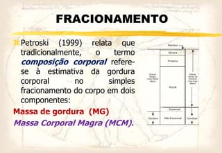 FRACIONAMENTO
Petroski (1999) relata que
tradicionalmente, o termo
composição corporal refere-
se à estimativa da gordura
corporal no simples
fracionamento do corpo em dois
componentes:
Massa de gordura (MG)
Massa Corporal Magra (MCM).
ÁGUA
Proteína
Mineral
Resíduo
Essencial
Não-EssencialGordura Gordura
Massa
Isenta de
Gordura
(
)
Fat-Free
Mass
Massa
Magra
(
)
Lean Body
Mass
 