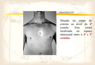 Situado no corpo do
esterno ao nível da 4ª
costela. Esta estará
localizada no espaço
intercostal entre a 4ª e 5ª
costelas.
 