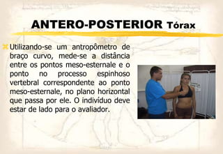 ANTERO-POSTERIOR Tórax
Utilizando-se um antropômetro de
braço curvo, mede-se a distância
entre os pontos meso-esternale e o
ponto no processo espinhoso
vertebral correspondente ao ponto
meso-esternale, no plano horizontal
que passa por ele. O indivíduo deve
estar de lado para o avaliador.
 