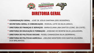 DIRETORIA GERAL
• COORDENAÇÃO GERAL - JOSÉ DE JESUS SANTANA (SÃO DESIDÉRIO).
• SECRETARIA GERAL E COMUNICAÇÃO - ROSIVAL LEITE DA SILVA (ARACI).
• DIRETORIA DE FINANÇAS E SERVIÇOS - MARIA ELIANA LIMA SANTOS (CONC. DO COITÉ).
• DIRETORIA DE EDUCAÇÃO E FORMAÇÃO - JOSEANE DO BONFIM SILVA (JAGUARARI).
• DIRETORIA DE POLÍTICAS SOCIAIS - ROSELI DAMASCENA SILVA (SERRINHA).
• DIRETORIA DE POLÍTICAS AGRÍCOLA - JOELENO MONTEIRO DOS SANTOS (OLIVEIRA
DOS BREJINHOS).
 