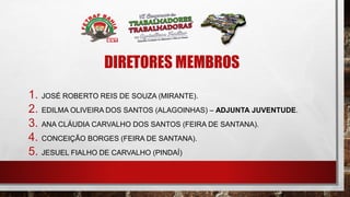 DIRETORES MEMBROS
1. JOSÉ ROBERTO REIS DE SOUZA (MIRANTE).
2. EDILMA OLIVEIRA DOS SANTOS (ALAGOINHAS) – ADJUNTA JUVENTUDE.
3. ANA CLÁUDIA CARVALHO DOS SANTOS (FEIRA DE SANTANA).
4. CONCEIÇÃO BORGES (FEIRA DE SANTANA).
5. JESUEL FIALHO DE CARVALHO (PINDAÍ)
 