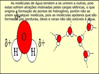 As moléculas de água tendem a se unirem a outras, pois
estas sofrem atrações motivadas pelas cargas elétricas, o que
origina a formação de pontes de hidrogênio, porém não se
unem a qualquer molécula, pois as moléculas apolares que são
formadas por gorduras, óleos e ceras não são solúveis à água.
 