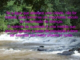 Se a água que abastece uma cidade, não for
tratada, pode tornar-se um importante veículo
de transmissão de doenças.
O controle da qualidade é uma medida que
procura garantir a saúde da população e deve
ser exercida nos meios urbanos e rurais.
 