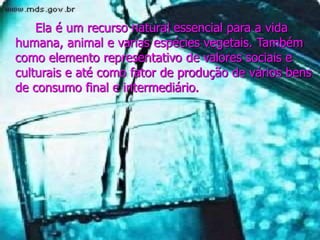 Ela é um recurso natural essencial para a vida
humana, animal e varias espécies vegetais. Também
como elemento representativo de valores sociais e
culturais e até como fator de produção de vários bens
de consumo final e intermediário.
 