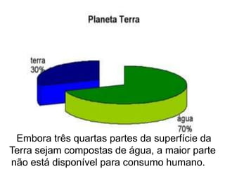 Embora três quartas partes da superfície da
Terra sejam compostas de água, a maior parte
não está disponível para consumo humano.
 